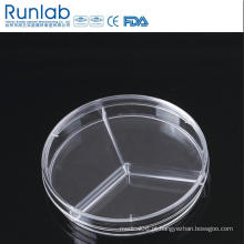 Placa de Petri de cultura de plástico descartável de 90 * 15 mm com três compartimentos